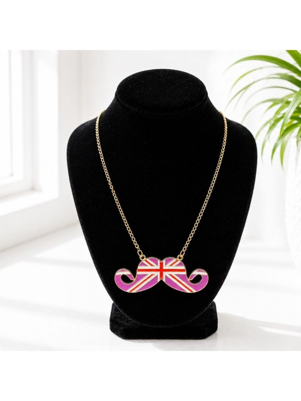 Union Jack Moustache Pendant Necklace With Gold-Tone Chain 40cm Length